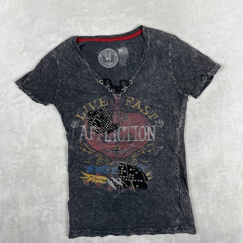 Affliction T-Shirt Womens Large Gray Live Fast Lace Up American Customs Biker
